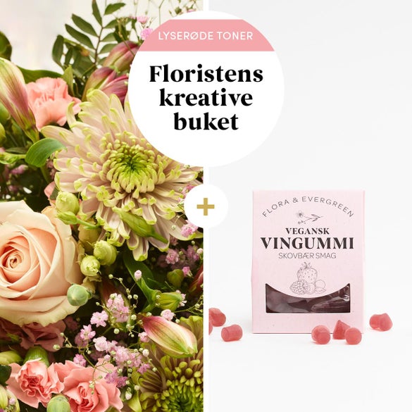 Floristens kreative buket i lyserøde nuancer med vingummier